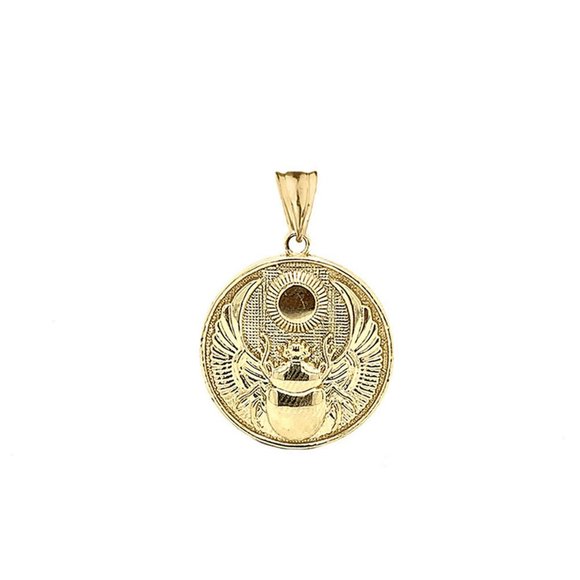 10K Solid Gold Ancient Egyptian Scarab Beetle and Sun Disc Pendant